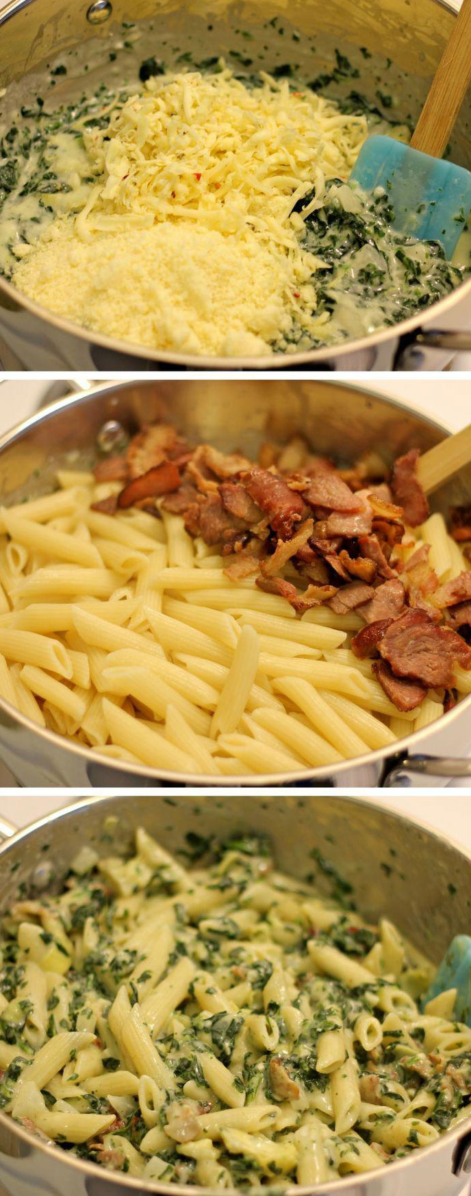 Makaron, szpinak i boczek - pyszny obiad
