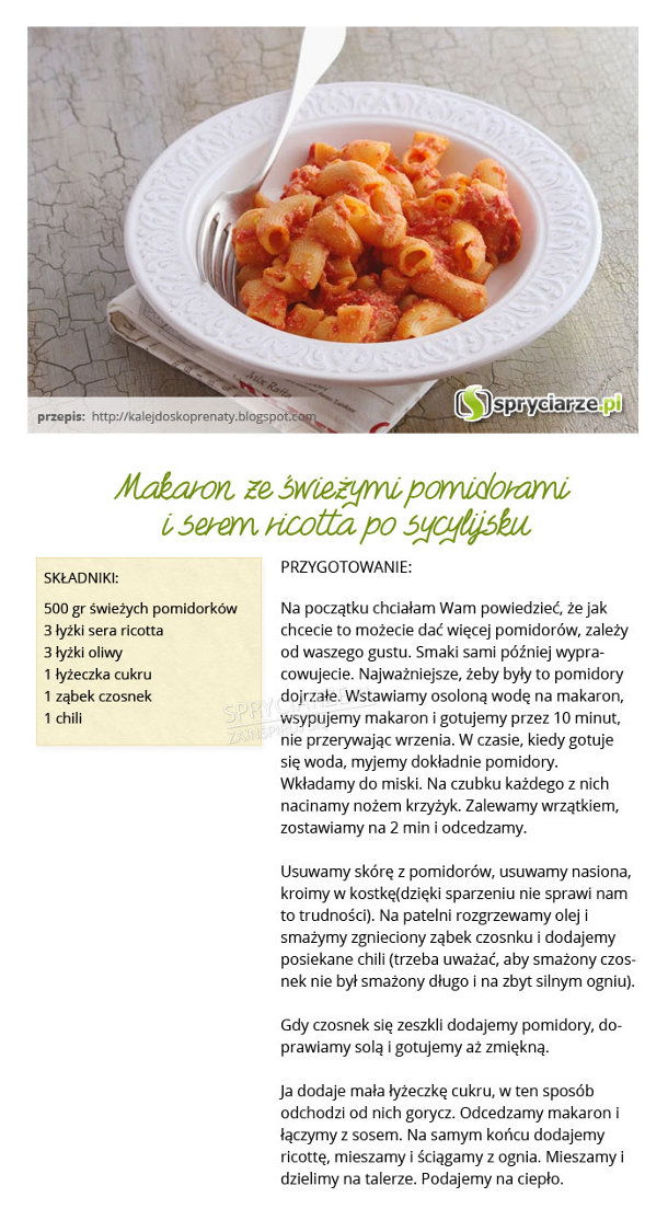Przepis na makaron ze świeżymi pomidorami i serem ricotta po sycylijsku 