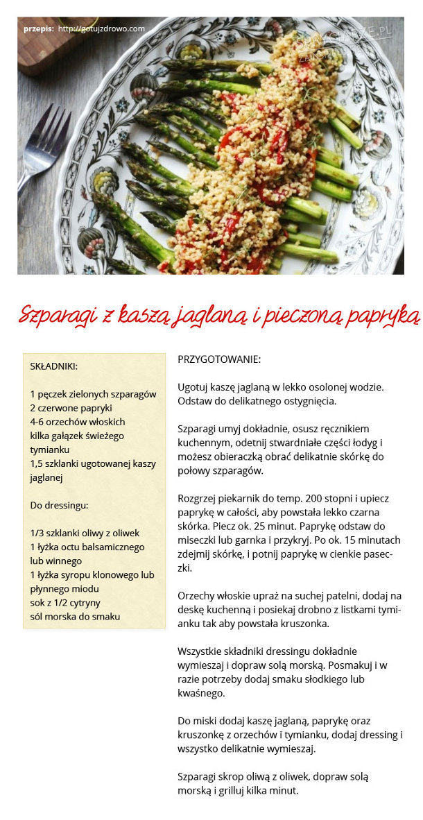 Przepis na szparagi z kasza jaglaną i pieczoną papryką