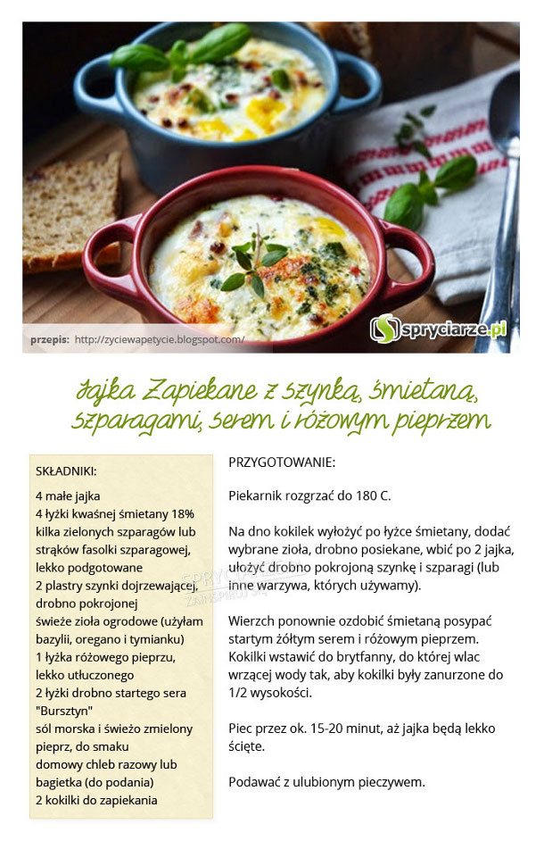Przepis na jajka zapiekane z szynką, śmietaną, szparagami, serem i ryżowym pieprzem