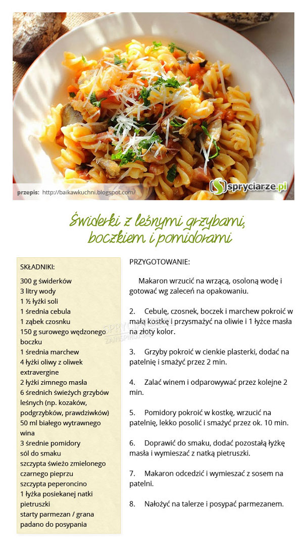 Przepis na świderki z leśymi grzybami, boczkiem i pomidorami