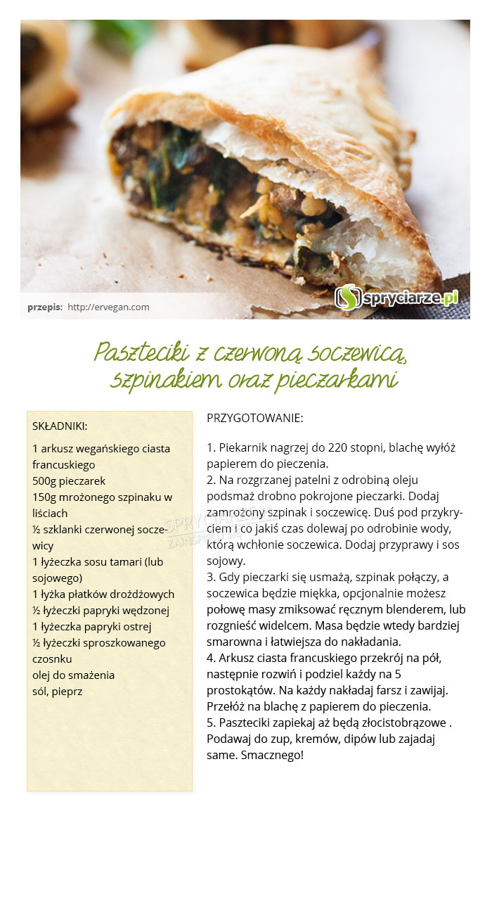 Przepis na paszteciki z czerwoną soczewicą, szpinakiem i pieczarkami