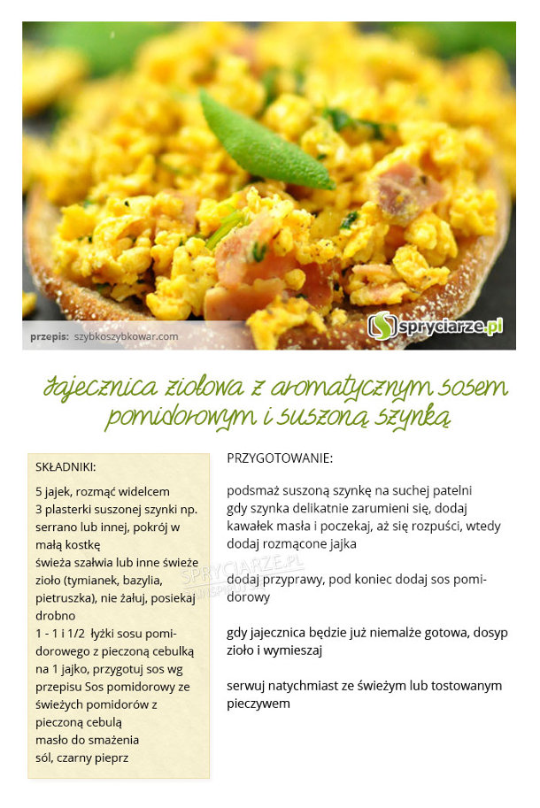 Przepis na jajecznicę ziołową z aromatycznym sosem pomidorowym i suszoną szynką